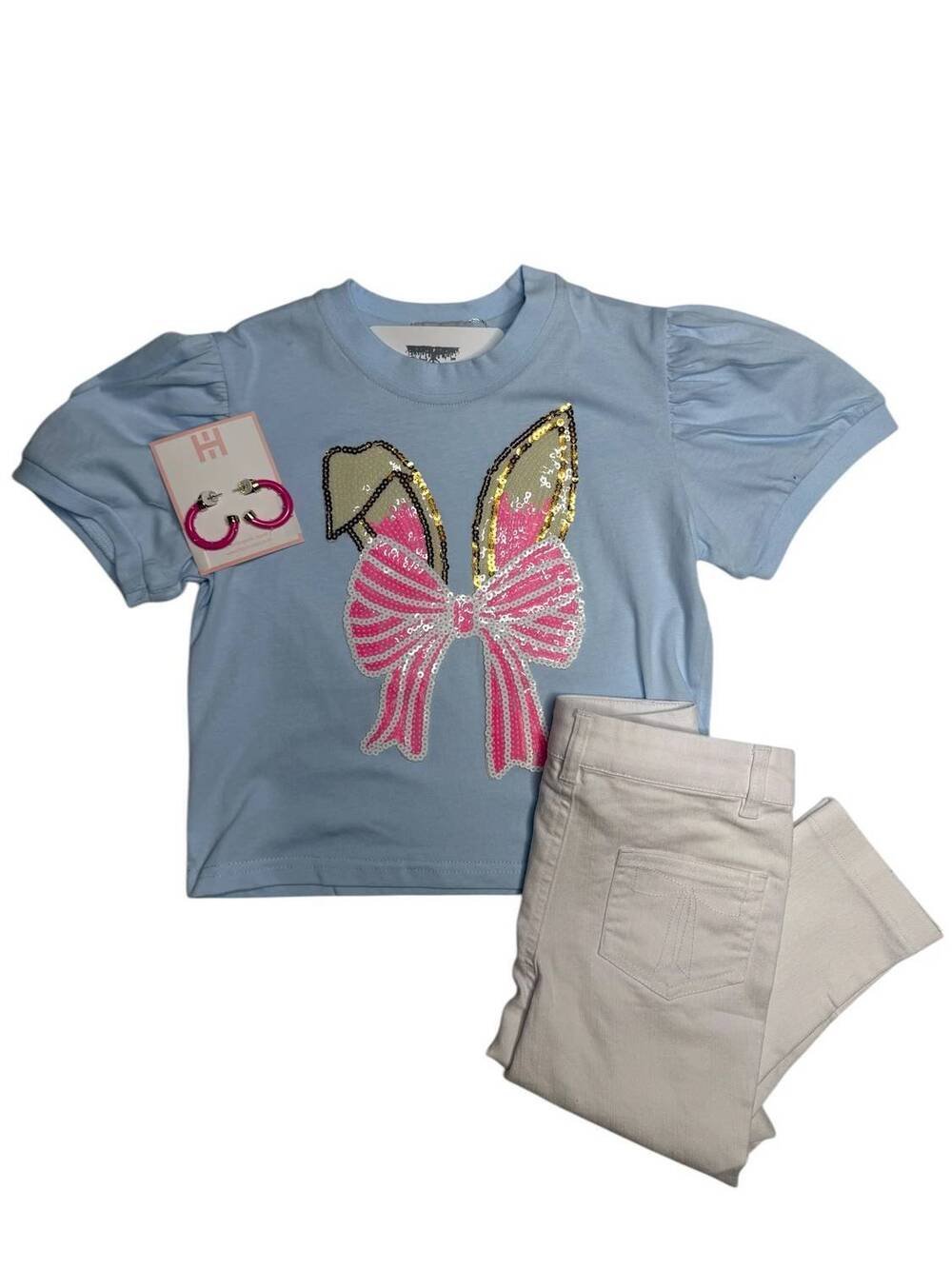 NEW BLENDED SPIRIT girl's bunny puff sleeve top in blue